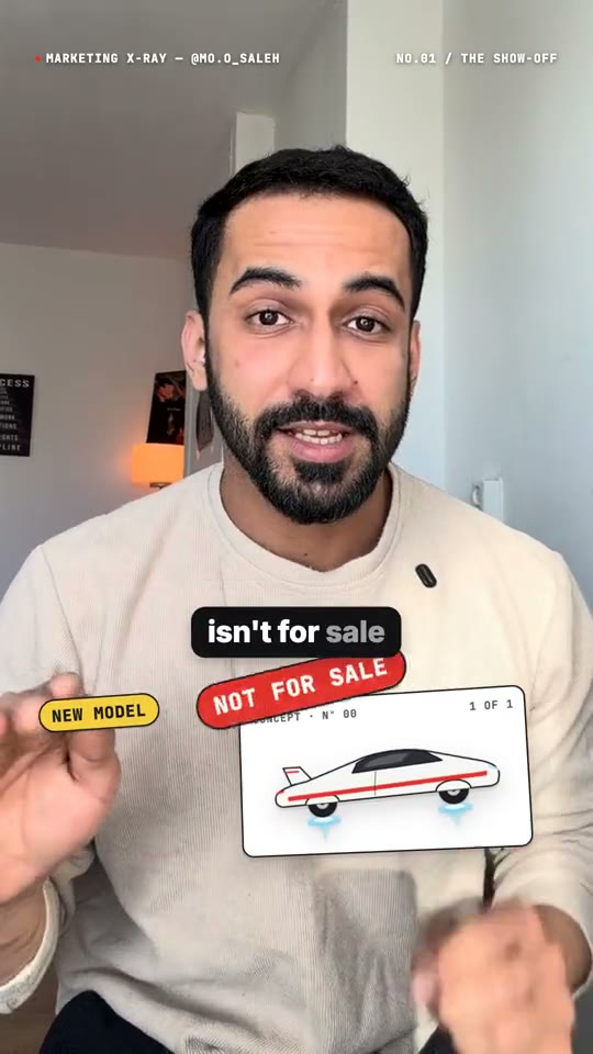 Moo holding a concept car card labelled 'Not for sale' with the caption 'isn't for sale'